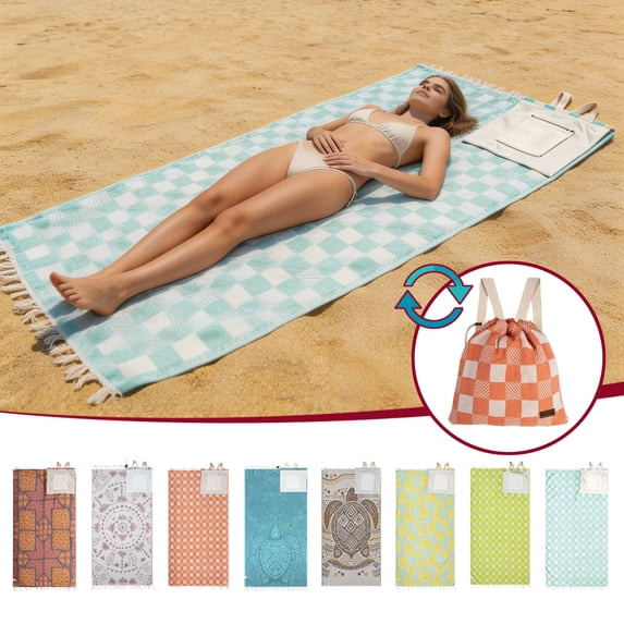 Lksixu 2 in 1 Convertible Beach Towel & Backpack, Vintage Turkish Microfiber Beach Towel with Inner Zip Pocket, Sand Free Quick Dry Bath Towel, Packable Beach Mat & Carry Bag for Pool Camping Travel