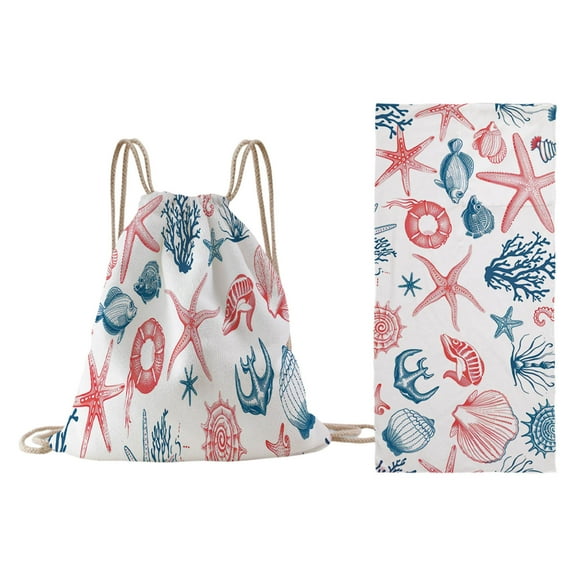 Lksixu 2 in 1 Foldable Beach Towel & Backpack, Marine Animals Microfiber Beach Towel with Built-in Storage, Sand Free Quick Dry Bath Towel Convertible Beach Mat & Carry Bag for Pool Camping Travel