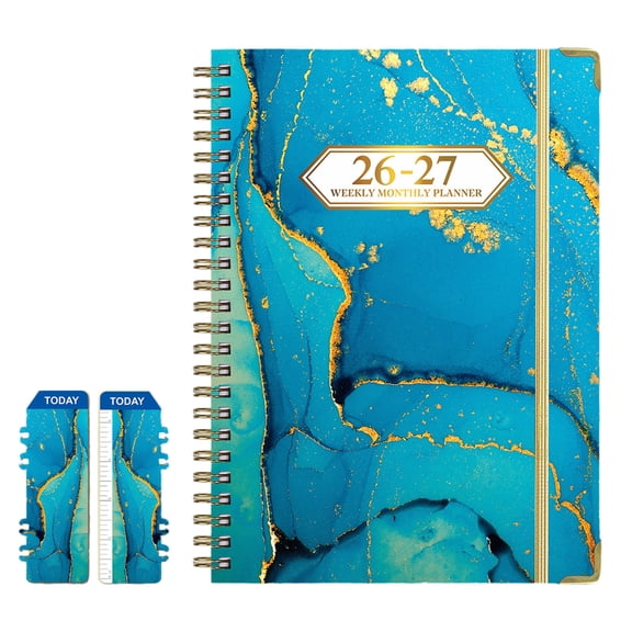 Lksixu 2026-2027 Planner Coil Notebook, A5 Colorful Marble Prints Schedule Notebook with Separate Pages, Weekly & Monthly Organizer Notepad with Tabs and Elastic Closure Academic Appointment Notebook