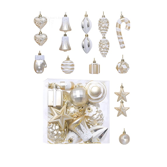 Lksixu 32 Pcs Christmas Tree Hanging Ornaments Set, Pre-Tied Shatterproof Plastic Assorted Baubles with Rope, Glitter Xmas Tree Decorative Pendants Christmas Decorations for Party Holiday Wedding