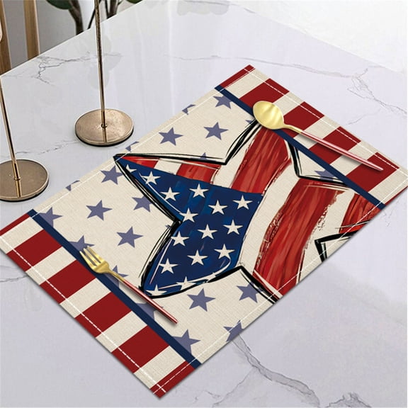 Lksixu 4th of July Patriotic Placemats, 13x16.5 inch Linen Stars and Stripes American Flag Pattern Place Mats, Memorial Independence Day Table Mats Kitchen Dining Table Decorations for Party