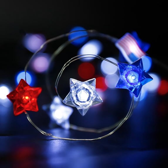 Lksixu 4th of July String Lights, 10 ft Red White and Blue Star Lantern LED Lights with Remote Control, Battery Operated Patriotic Hanging Decorative Lamp Independence Day Fairy Lights for Party