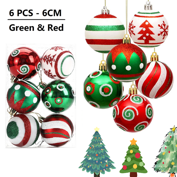 Lksixu 6Pcs Christmas Balls Ornaments for Xmas Tree, Christmas Decorations 2.36" Red and Green Shatterproof Decorative Ball Pendants with Glittering, Christmas Tree Hanging Bauble for Party Holiday