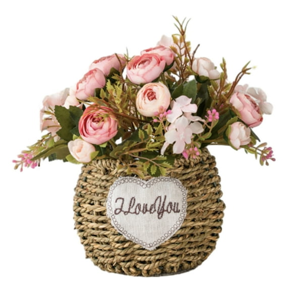 Lksixu Artificial Flowers in Basket, Realistic Peony Silk Flowers Decoration, No Fade Faux Plant Bouquet with Straw Weaving Basket, Floral Desktop Ornaments Spring Decor for Home Bridal Centerpiece