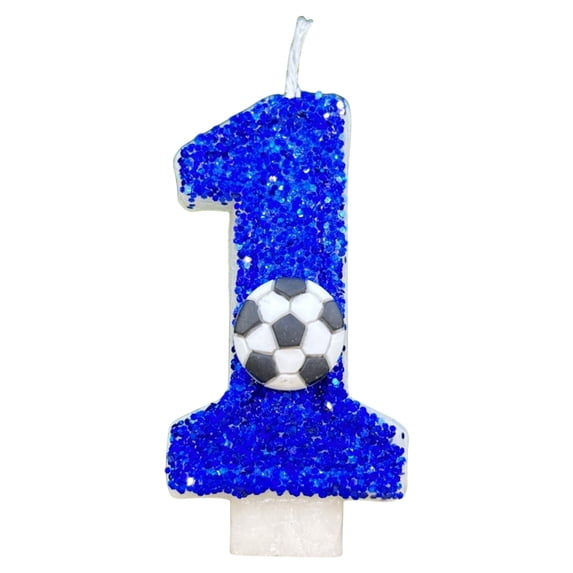 Lksixu Birthday Number Candles, Blue Sequins Sports Theme with Football Candle, 3D Glitter Smokeless Soccer Number Candles Cupcake Cake Topper Decorations for Party Anniversary Celebrations Supplies