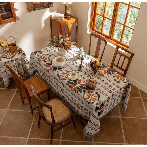 Lksixu Bohemian Style Rectangle Tablecloth, 35.4"x59" Cotton Linen Geometric Pattern Table Cloth with Tassels, Wrinkle Free Rustic Farmhouse Decorative Fabric Table Cover for Home Dining Room Party