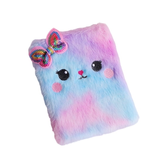 Lksixu Cartoon Plush Pocket Notebook, 4.3"x5.7" Cute Fuzzy Cat Design Notepads with Sequined Bow, 160 Pages Lined Journal Notebooks, Portable Small Memo Diary for Travel Office Writing Drawing
