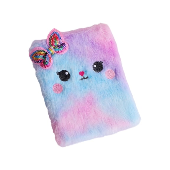 Lksixu Cartoon Plush Pocket Notebook, 4.3"x5.7" Cute Fuzzy Cat Design Notepads with Sequined Bow, 160 Pages Lined Journal Notebooks, Portable Small Memo Diary for Travel Office Writing Drawing