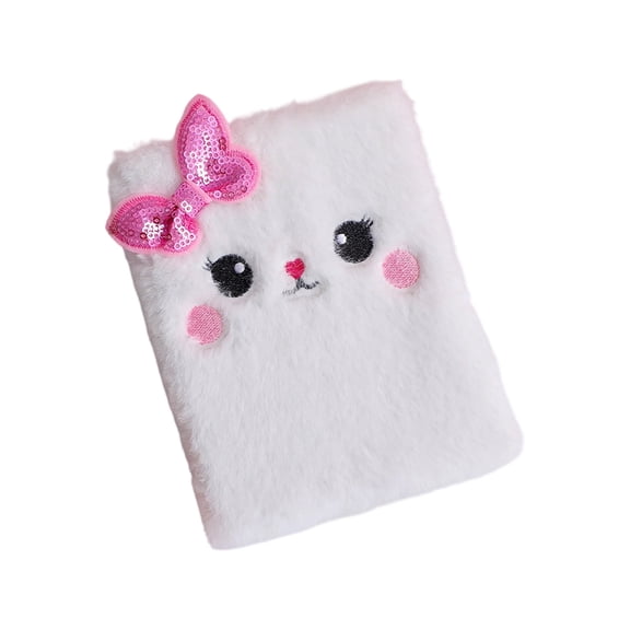 Lksixu Cartoon Plush Pocket Notebook, 4.3"x5.7" Cute Fuzzy Cat Design Notepads with Sequined Bow, 160 Pages Lined Journal Notebooks, Portable Small Memo Diary for Travel Office Writing Drawing
