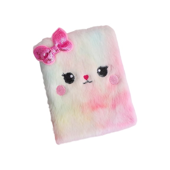 Lksixu Cartoon Plush Pocket Notebook, 4.3"x5.7" Cute Fuzzy Cat Design Notepads with Sequined Bow, 160 Pages Lined Journal Notebooks, Portable Small Memo Diary for Travel Office Writing Drawing