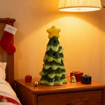 Lksixu Ceramic Christmas Tree, 8 inch Pre-lit Tabletop Christmas Tree with LED Lights, Battery Operated Small Lighted Up Xmas Tree with Stars Cutouts, Christmas Decorations for Party Holiday