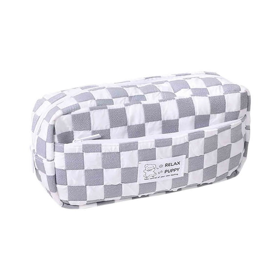 Lksixu Checkered Pencil Case, Large Capacity Double-Layer Pencil Pouch with Zipper and Compartments, Gray Plaid Pattern Large Opening Pencil Bag Stationery Storage Organizer