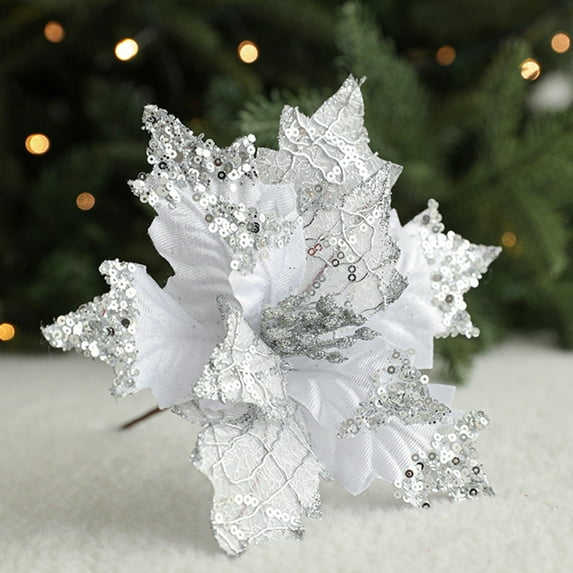 Lksixu Christmas Artificial Flowers Picks, Realistic Poinsettia Flowers Decorations 12" Glitter Poinsettia Flowers with Long Stems, No Fade DIY Faux Plants Vase Filler Christmas Decoration for Holiday