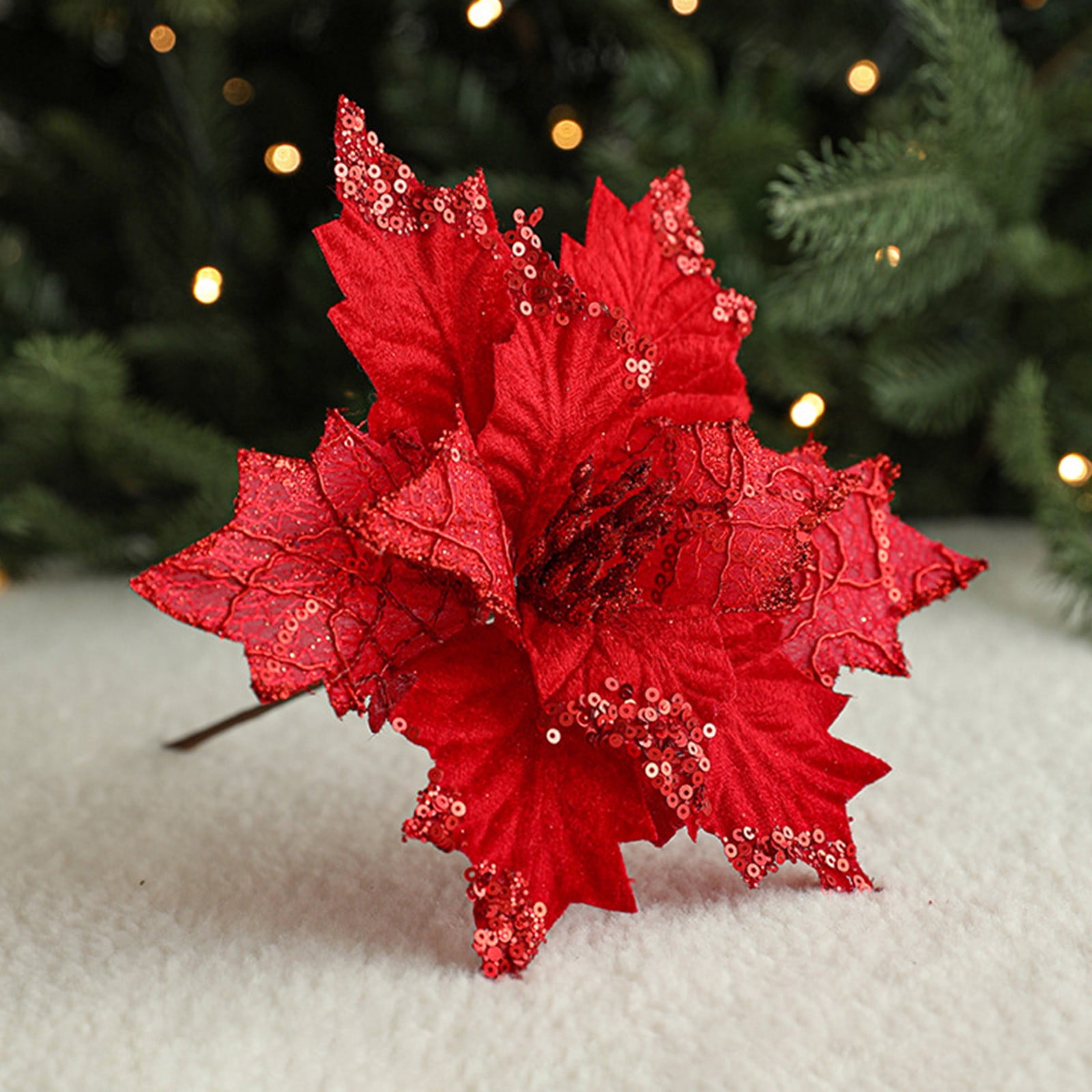 Greentime 16-Pc Glitter Poinsettia Flowers – 6in Artificial Light Red Christmas Decor With Clips & Stems For Tree, Wreath, Party