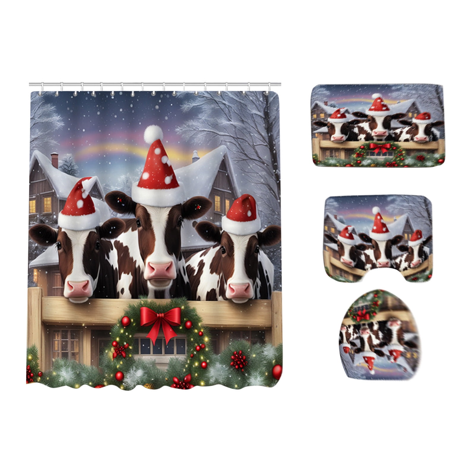 Lksixu Christmas Bathroom Rug Set, Christmas Decorations Set of 4 Christmas Bathroom Rug with
