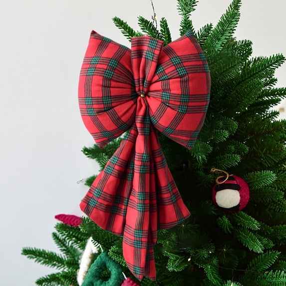 Lksixu Christmas Burlap Plaid Bows, Christmas Decorations 19 inch Red and Green Checkered Fabric Ribbon Bows, Christmas Tree Topper Bows Winter Holiday Hanging Decorative Bows for Xmas Party Wedding