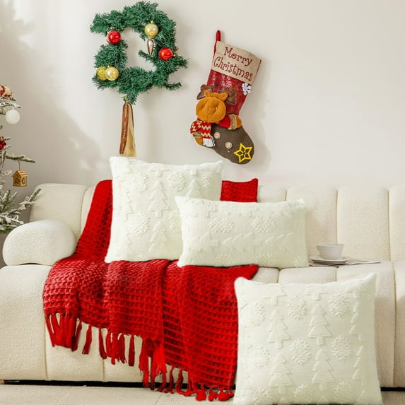 Lksixu Christmas Pillow Covers, 12x20 inch Beige Faux Fur Christmas Tree Snowflake Plush Throw Pillow Case, Fluffy Winter Holiday Cushion Case Xmas Decorative Lumbar Pillow Cover for Couch Bed Sofa