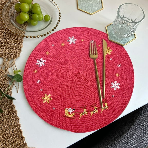 Lksixu Christmas Round Placemats, 15 inch Red Woven Place Mats with Snowflake and Reindeer Pattern, Heat Resistant Non-Slip Washable Table Mats Christmas Decorations for Holiday Kitchen Dining Table
