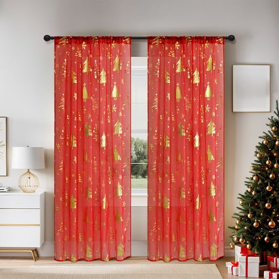 Lksixu Christmas Sheer Curtains, Christmas Decorations 108" Gold Foil Print Metallic Xmas Tree Window Treatments, Winter Holiday Decorative Window Curtains Rod Pocket Window Drapes for Living Room