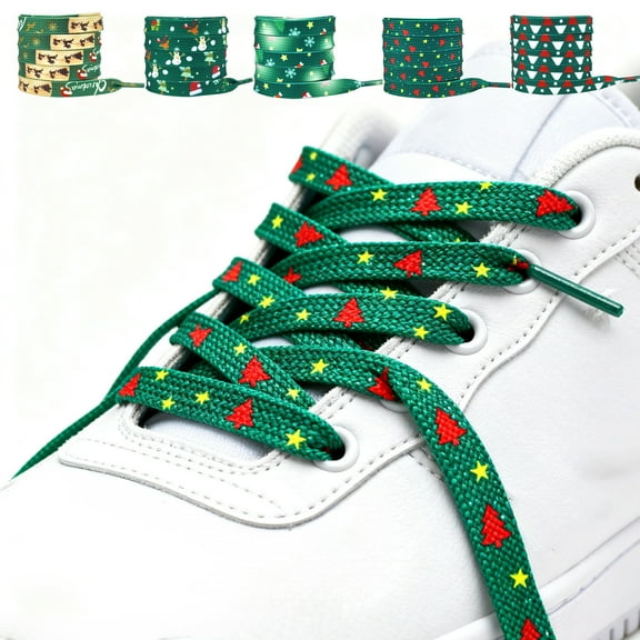 Lksixu Christmas Shoe Laces for Sneakers, 47 Inch Flat Xmas Themed Printed Shoelaces, Polyester Colored Decorative Shoelaces Replacement Strings for Kids Adults