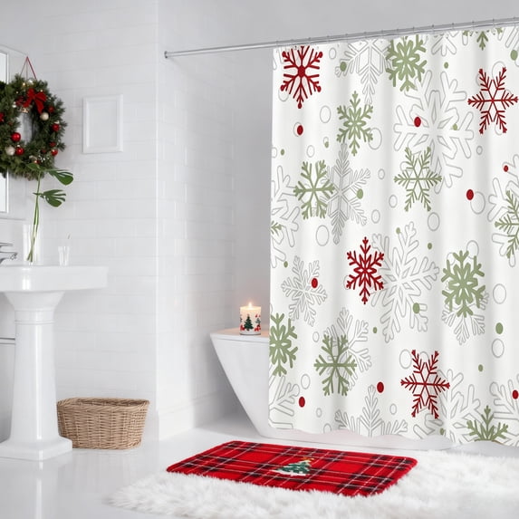 Lksixu Christmas Shower Curtain for Bathroom, 35"x71" Red & Green Snowflake Polyester Shower Curtain with Hooks, Waterproof Quick-Drying Winter Holiday Decorative Bathroom Curtain for Bathtub Spa