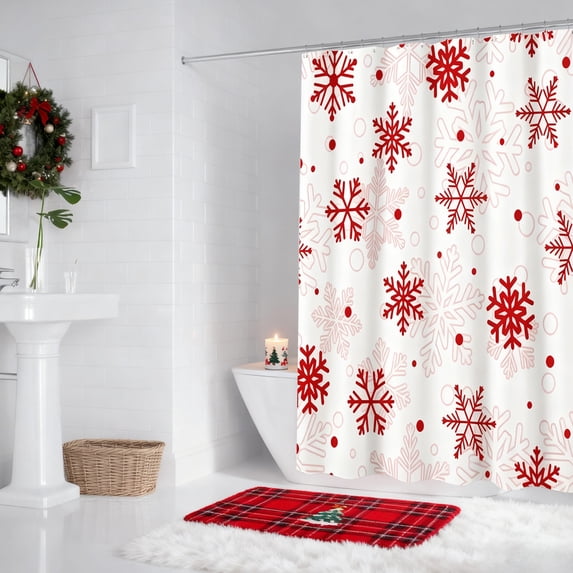 Lksixu Christmas Shower Curtain for Bathroom, 35"x71" Red Snowflake Polyester Shower Curtain with Hooks, Waterproof Quick-Drying Winter Holiday Decorative Bathroom Curtain for Bathtub Spa