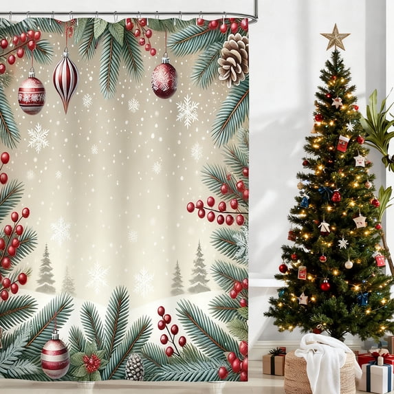 Lksixu Christmas Shower Curtain for Bathroom, 47"x71" Xmas Balls & Pine Tree Branch Fabric Shower Curtain with Hooks, Waterproof Quick-Drying Winter Holiday Decorative Bath Curtain for Bathtub Spa