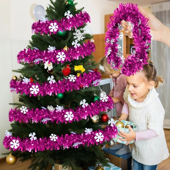 Lksixu Christmas Tinsel Garland, Christmas Decorations 6.6ft Glitter Metallic Twist Garland with Snowflake, Shiny Metallic Streamers Xmas Tree Hanging Ornaments for Wedding Birthday Party Supplies