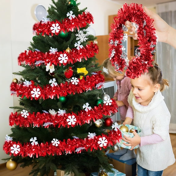 Lksixu Christmas Tinsel Garland, Christmas Decorations 6.6ft Glitter Metallic Twist Garland with Snowflake, Shiny Metallic Streamers Xmas Tree Hanging Ornaments for Wedding Birthday Party Supplies