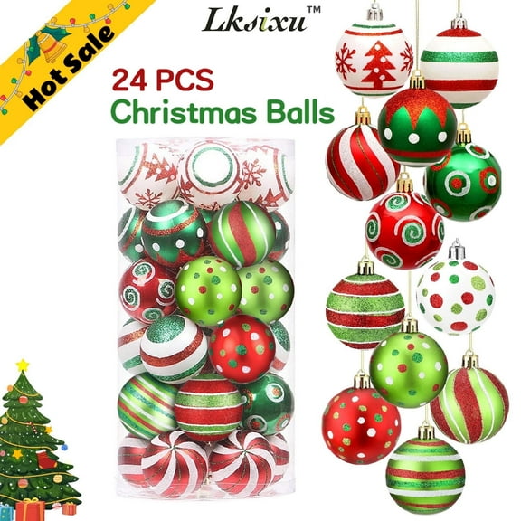 Lksixu Christmas Tree Ball Ornaments, 24 Pcs 2.36 inch Shatterproof Glitter Red and Green Multi-style Hanging Ball Bauble Sphere,Xmas Theme Pendant Christmas Decorations for Wedding Party Holiday