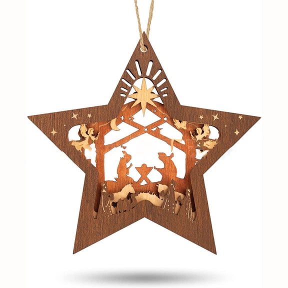 Lksixu Christmas Wooden Hanging Ornaments, Christmas Decorations, Star Wooden Baubles with Nativity Design, Hollow Star Christmas Tree Hanging Decor Wreath Decor for Party Wedding