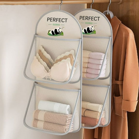 Lksixu Closet Hanging Organizer, Wardrobe Storage Bags with Mesh Pockets & Metal Hanger, Space Saving Double-Sided Wall Hanging Shelf Closet Organizer and Storage for Bra Underwear Socks Underpants