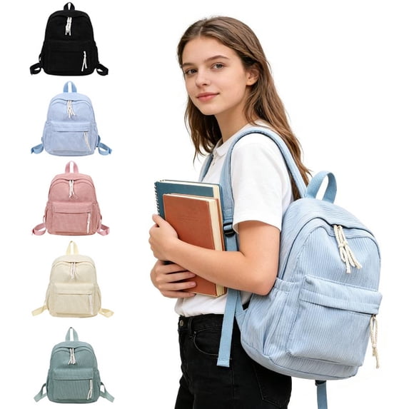 Lksixu Corduroy Backpack for Women & Men, Large Capacity Travel Laptop Backpack with Adjustable Shoulder Straps, Vintage Solid Color Schoolbag Lightweight Casual Daypack for College Office