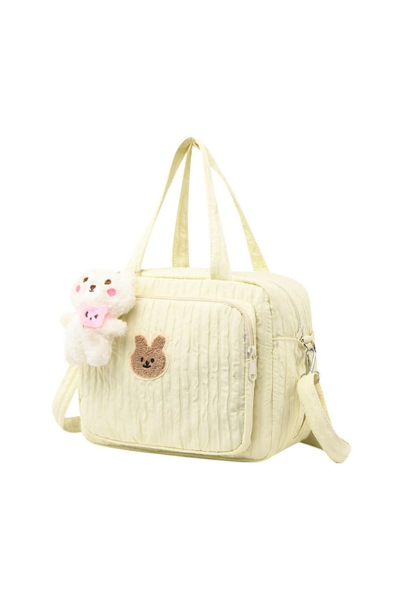 Cute Tote Bag for Women, Wrinkle-Textured Design Handbag with Should Straps and Bear Plush Doll, Multi-Pocket Large Capacity Crossbody Bag Casual Mommy Bag with Compartments for Travel Work Gym