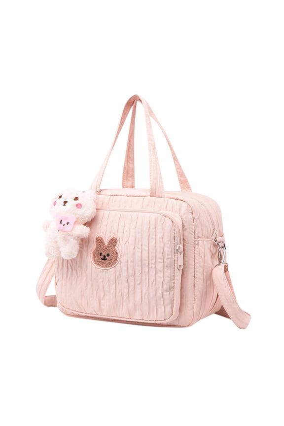 Cute Tote Bag for Women, Wrinkle-Textured Design Handbag with Should Straps and Bear Plush Doll, Multi-Pocket Large Capacity Crossbody Bag Casual Mommy Bag with Compartments for Travel Work Gym