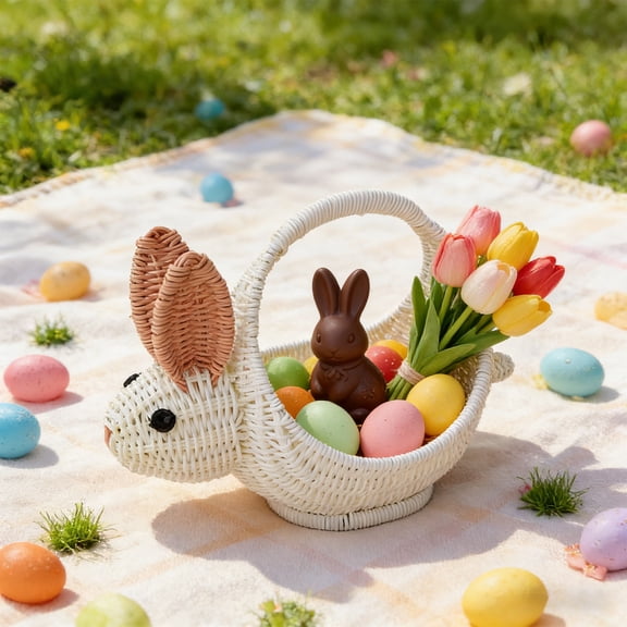 Lksixu Easter Bunny Baskets, Easter Decorations Handwoven Wicker Rabbit-Shaped Easter Eggs Basket with Handle, Multi-Purpose Picnic Basket Rattan Wedding Flower Girl Basket for Easter Eggs Hunting