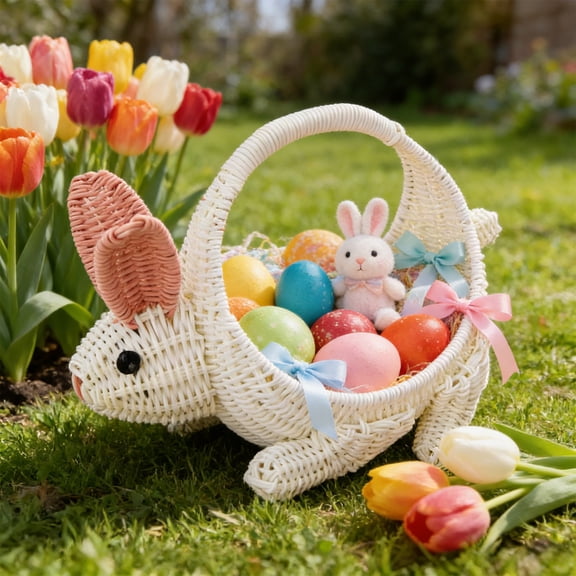 Lksixu Easter Bunny Baskets, Easter Decorations Handwoven Wicker Rabbit-Shaped Easter Eggs Basket with Handle, Multi-Purpose Picnic Basket Rattan Wedding Flower Girl Basket for Easter Eggs Hunting