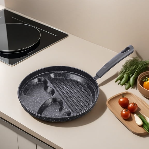 Lksixu Egg Frying Pan, 10" Round Iron Divided Grill Frying Pan with Non-Stick Coating, Pancake Cooker with Heat-Resistant Handle, Easy to Clean Omelette Pan Skillet for Breakfast Sandwich Hamburger