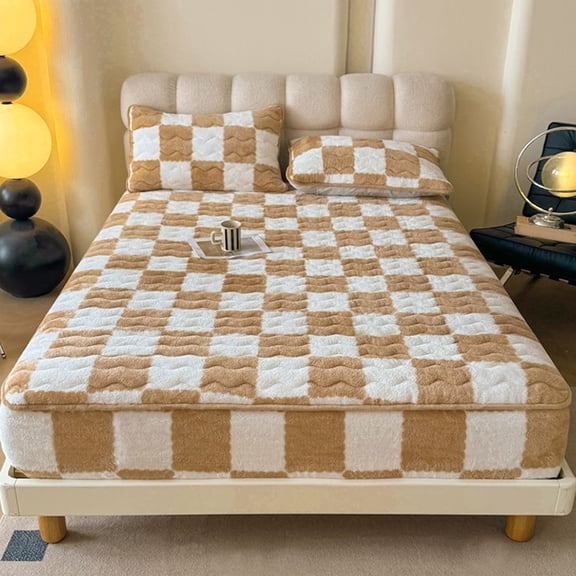 Lksixu Fleece Fitted Sheet, Queen Size Flannel Brown and White Plaid Design Plush Bed Sheet, Soft Warm Fluffy Mattress Protector Cover with 12" Deep Pocket Non-Pilling Bottom Sheet for Fall Winter