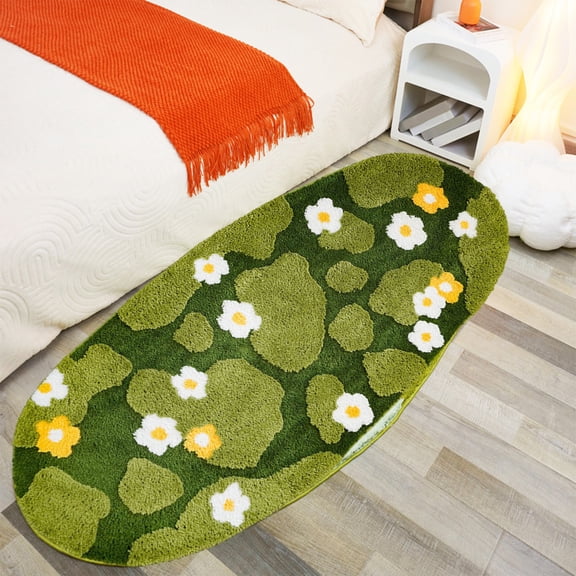 Lksixu Floral Area Rugs, 19.7"x39.4" Oval Green Moss Fluff Flowers Carpet, Soft Non-Slip Absorbent Plush Floor Mat Thick Microfiber Machine Washable Bath Mats Spring Decor for Living Room Bedroom