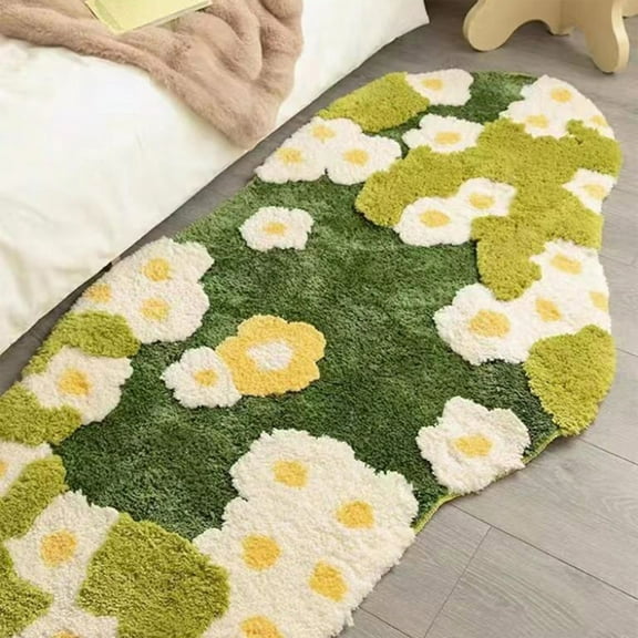 Lksixu Floral Bathroom Rugs, 19.7"x31.5" Oval Green Moss Fluff Flowers Carpet, Soft Non-Slip Absorbent Plush Floor Mat Thick Microfiber Machine Washable Bath Mats Spring Decor for Living Room Bedroom