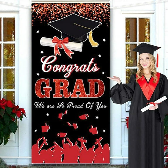 Lksixu Graduation Backdrop 2024, Graduation Decorations 35"x71" Glitter Red Congrats Grad Porch Sign Door Cover, College Graduation Background Banner Photography Background Props Party Supplies