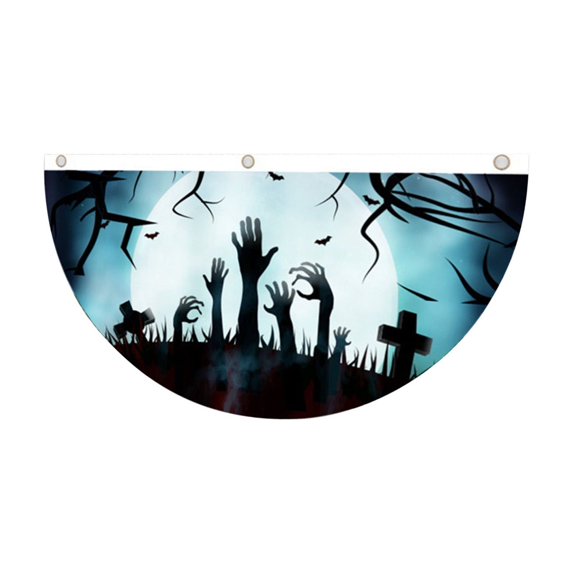 Lksixu Halloween Bunting Flag, Halloween Decorations 1.5x3 Feet Polyester Graveyard Pattern Fan Shaped Flag with Grommets, Reusable Hanging Porch Half Fan Banner Decorative Flag for Outdoor Indoor