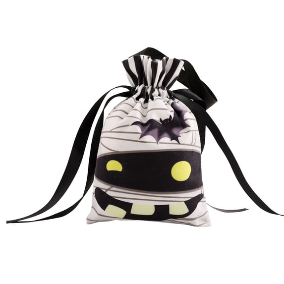 Lksixu Halloween Candy Bags, Mummy Pattern Trick or Treat Flock Fabric Goodie Bags with Drawstring and Handle, Reusable Cookies Snack Bags Gift Wrapping Bags Halloween Party Favor for Kids Friends