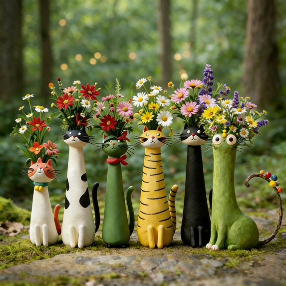 Lksixu Handcrafted Ceramic Cat Vase, 3D Cartoon Quirky Cat Shaped Flower Vase, 7.5 Inch Funny Kitten Planter Cute Animal Decorative Flower Pot Spring Decor for Home Office Bookshelf Desktoop