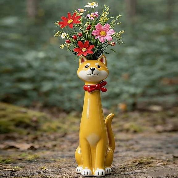 Lksixu Handcrafted Ceramic Dog Vase, 3D Cartoon Quirky Dog Shaped Flower Vase, 6 Inch Funny Puppy Planter Cute Animal Decorative Flower Pot Spring Decor for Home Office Bookshelf Desktoop