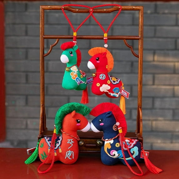 Lksixu Horse Stuffed Animal Toys, 9 inch Horse Plush Dolls with Embroidery and Bell, Soft Cute Hanging Mascot Chinese Zodiac Horse Pendants, Spring Festival Decorations for Couch Sofa Living Room