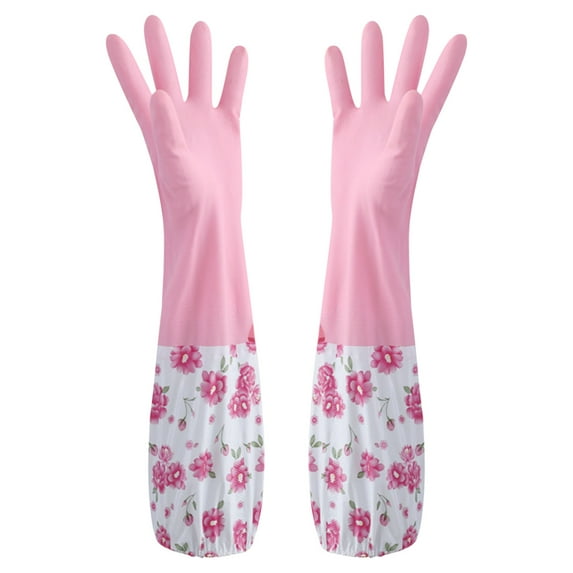 Lksixu Household Cleaning Gloves, Floral Reusable Rubber Gloves with Cotton Flocked Liner, Non-Slip Latex Free Waterproof Dishwashing Kitchen Gloves Long Wide Cuff Cleaning Gloves on Clearance