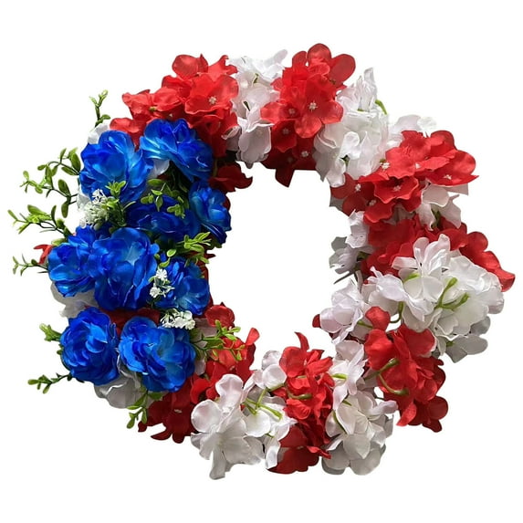 Lksixu Independence Day Patriotic Floral Wreath for Front Door, 15.7 inch Red White & Blue Silk Flowers Garland, 4th of July Realistic Artificial Flowers Wreath Welcome Door Hanging Ornaments for Wall