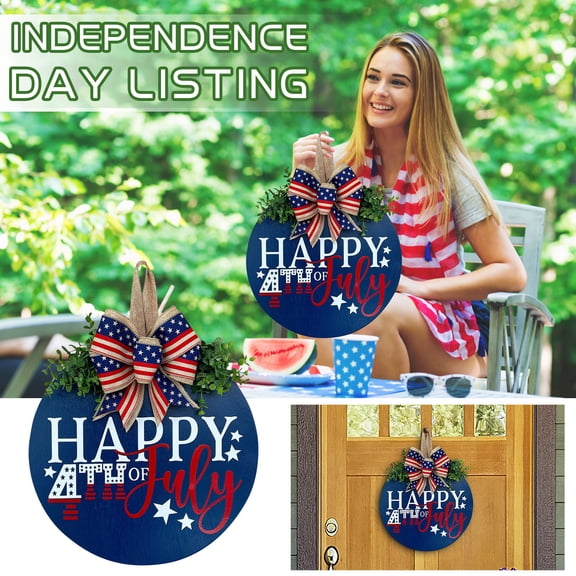 Lksixu Independence Day Welcome Door Sign for Front Door, 12" Star & Stripes Wooden Hanging Wall Plaque Sign with Bow, 4th of July Wood Wreaths Patriotic Door Hanger for Outdoor Porch Memorial Day